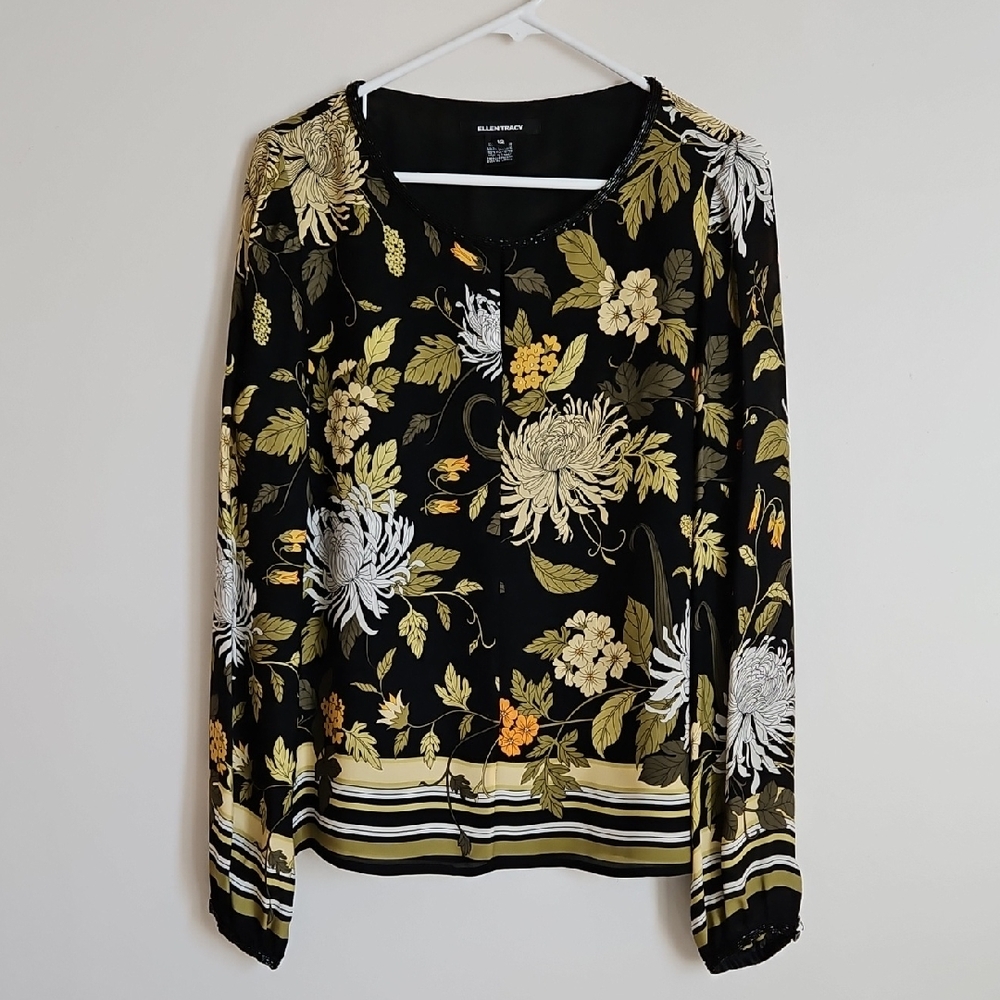 Ellen Tracy Beaded Silk Top Sheer Sleeve Black Yellow Floral SZ 12 Evening Event